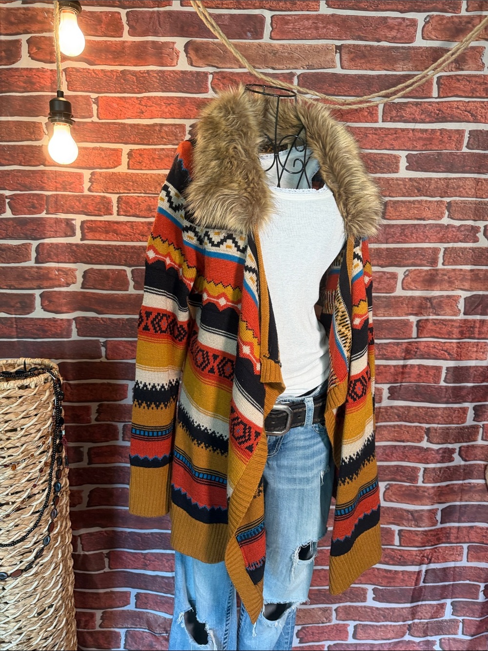 🧥 Powder River Outfitters Faux Fur Collar Cardigan — Red/Brown — Sz L / R